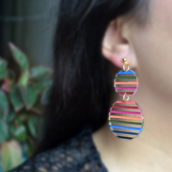 Colorful Acrylic Earrings Rainbow Geo Geometric Earrings | Rainbow Stripes - Picture 3 of 5
